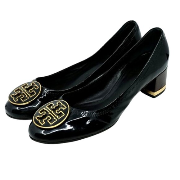 TORY BURCH~Amy Mid-Heel~STACKED PUMP~BLACK PATENT LEATHER GOLD HEEL SIZE 9M - Picture 1 of 7